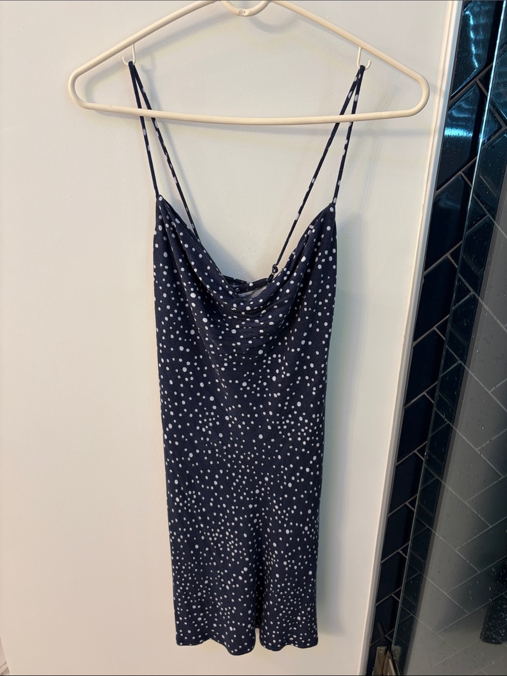 nine britton Navy Polka Dot Cowl Neck Slip Dress